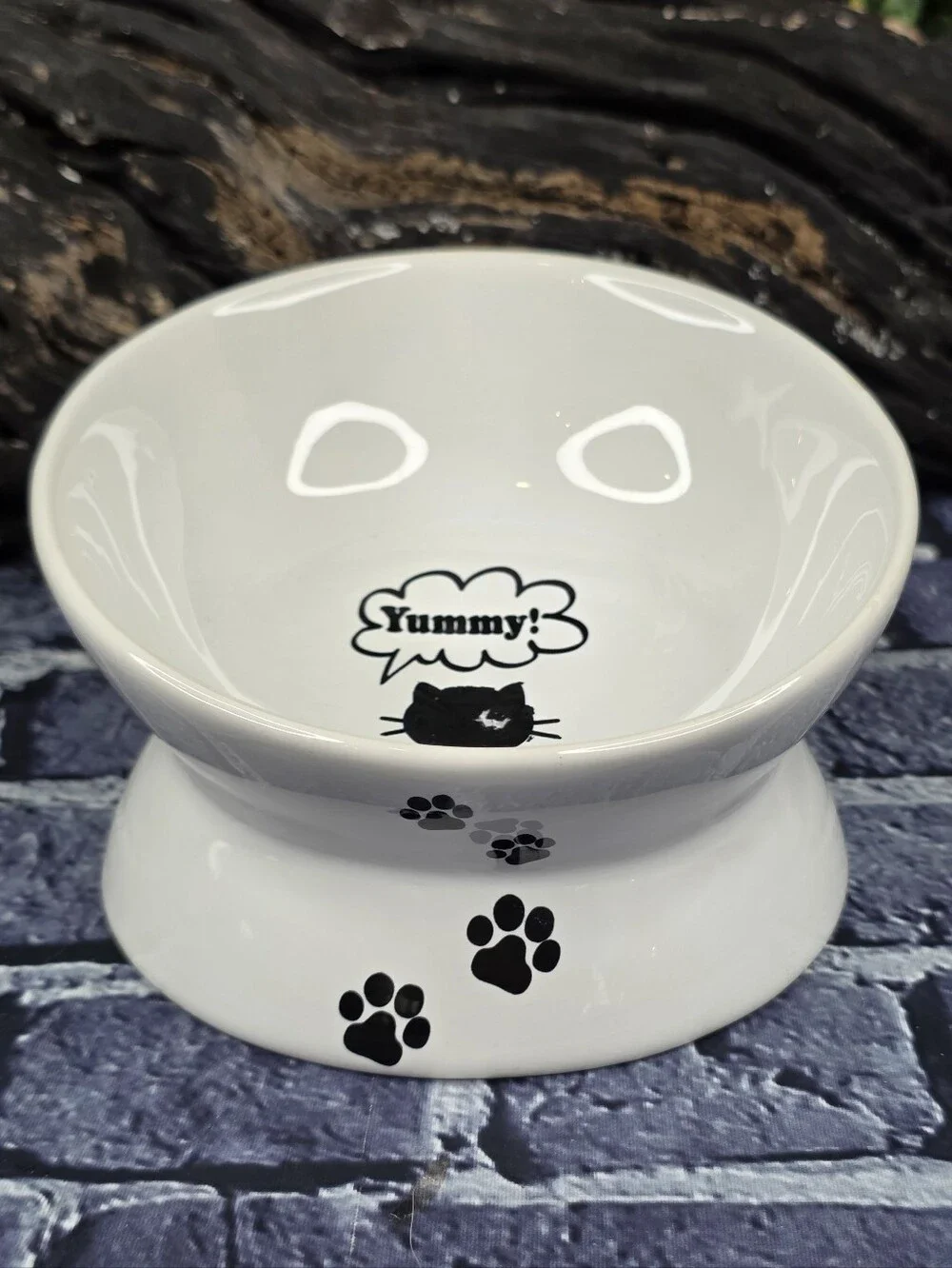 YHY Raised Tilted Ceramic Cat Bowl with Paw Prints & “Yummy!” Design